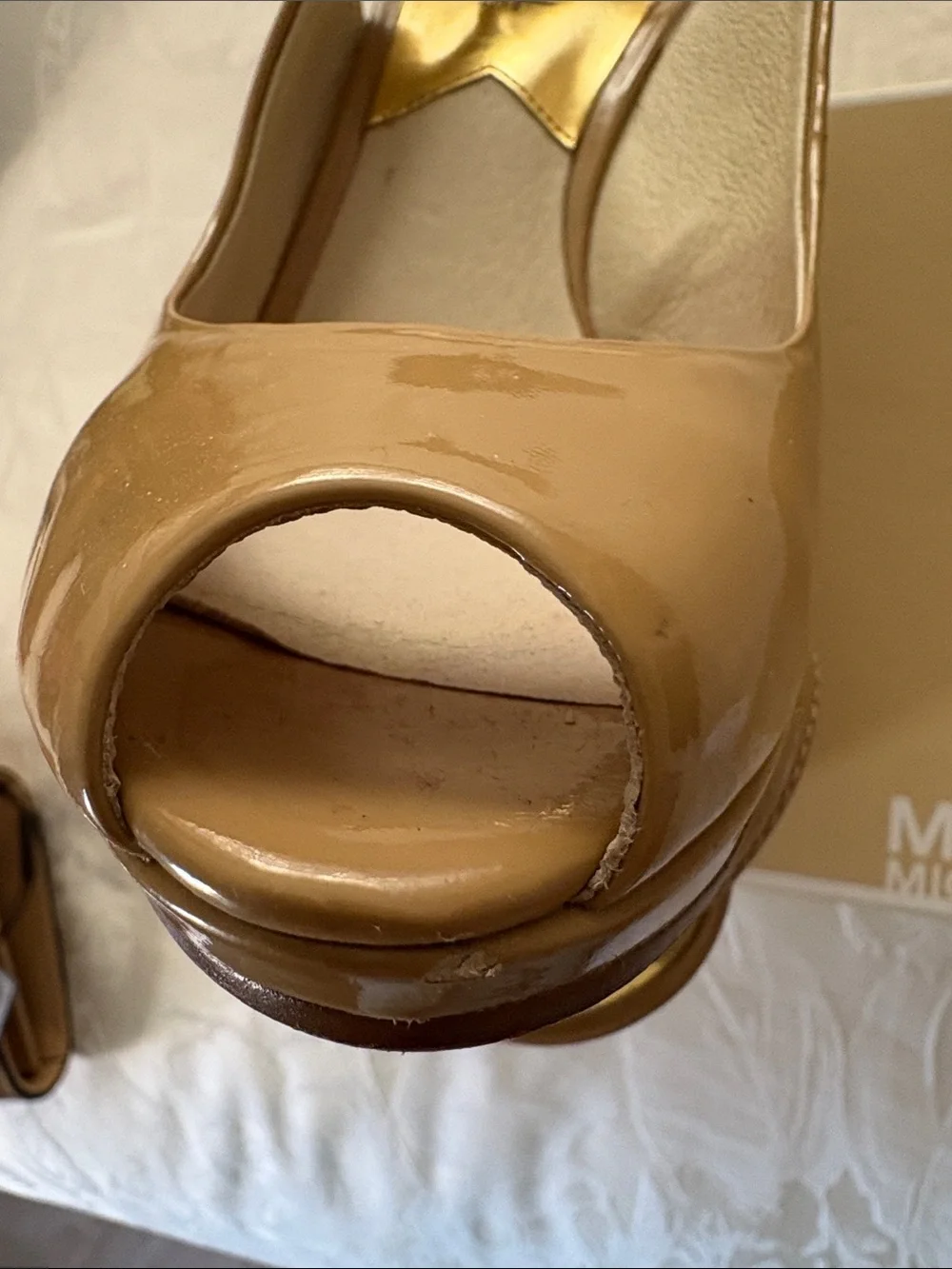 Michael Kors Beige Patent Peep-Toe Wedge Slingback Heels